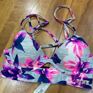 Pink, size XS, grey/pink/purple push-up bralette.